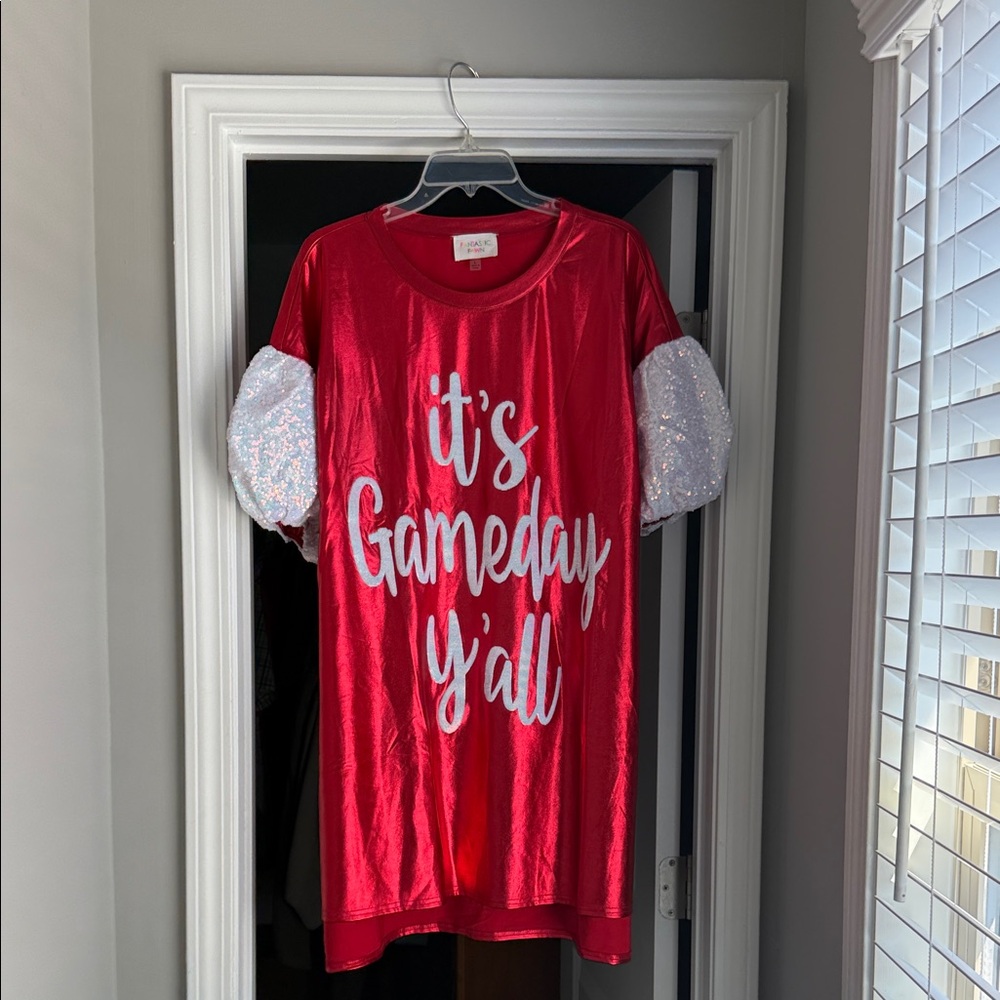 Red Gameday T-Shirt with Sequin Sleeves